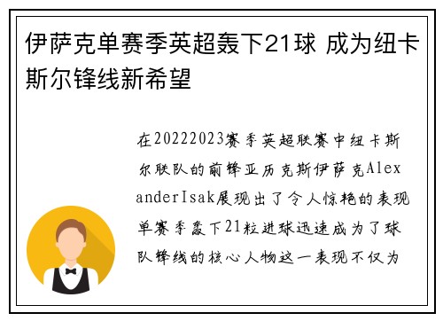 伊萨克单赛季英超轰下21球 成为纽卡斯尔锋线新希望