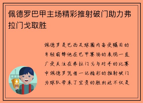 佩德罗巴甲主场精彩推射破门助力弗拉门戈取胜 佩德罗巴甲主场精彩推射破门助力弗拉门戈取胜