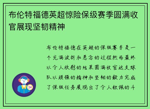 布伦特福德英超惊险保级赛季圆满收官展现坚韧精神